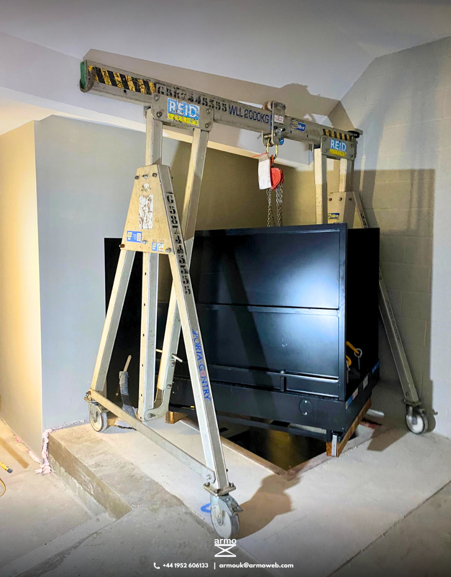 Model ARGL scissor lift lowered into position for our client in Castle Cary.